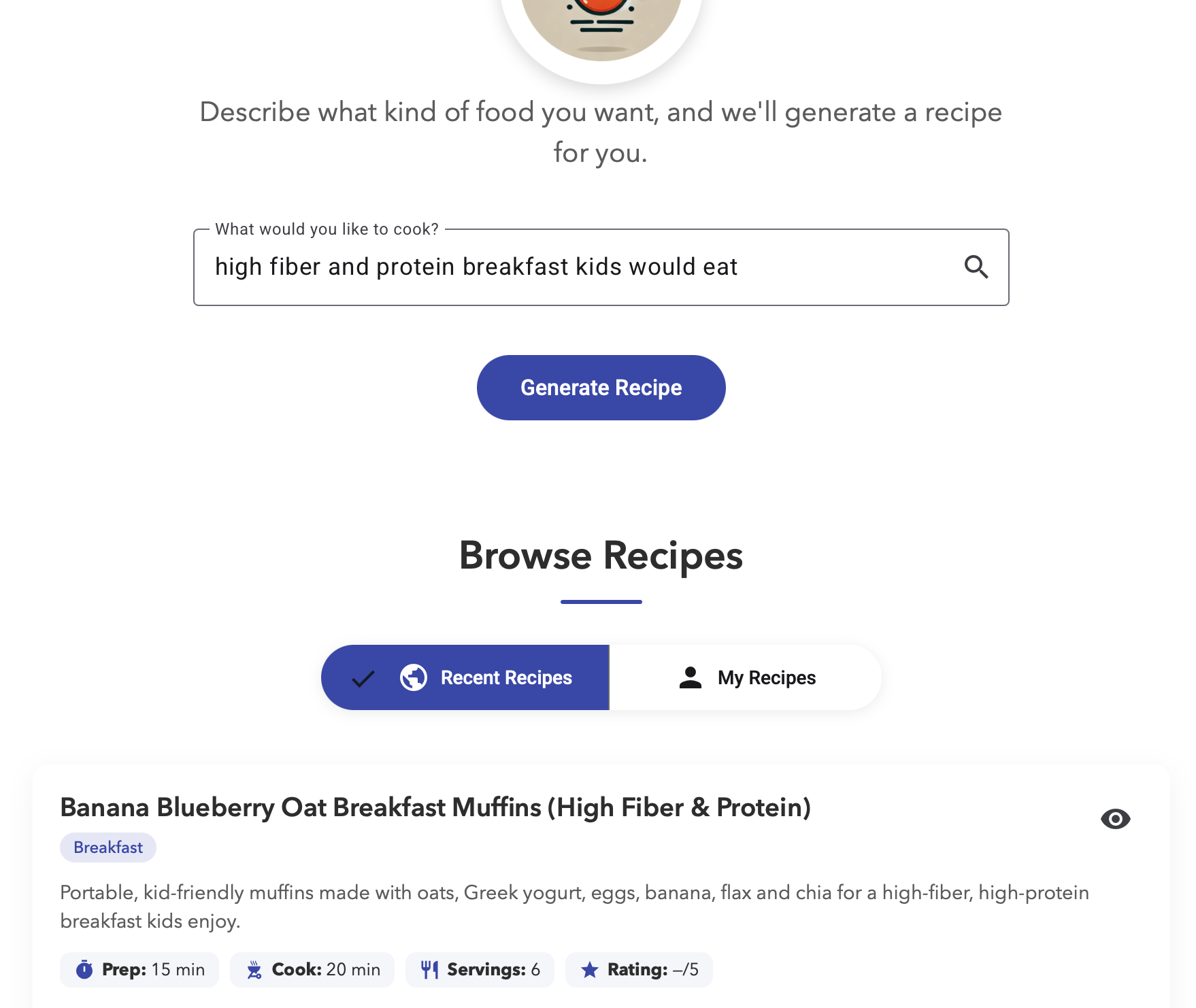 QuicklyCook generation screen showing a natural-language recipe request input and recent recipes below.