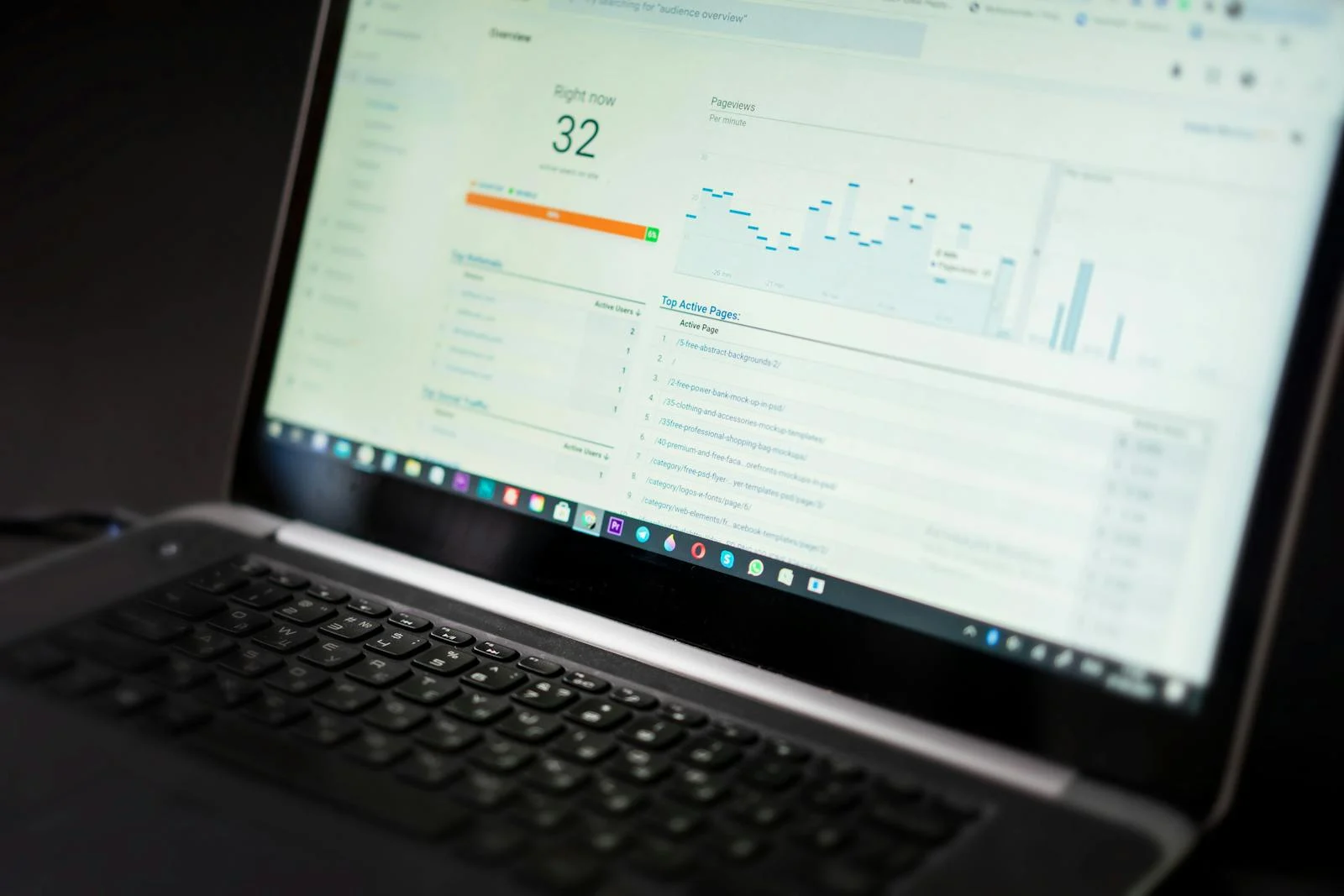 Laptop displaying a web analytics dashboard, representing owned content and search visibility for a small business app