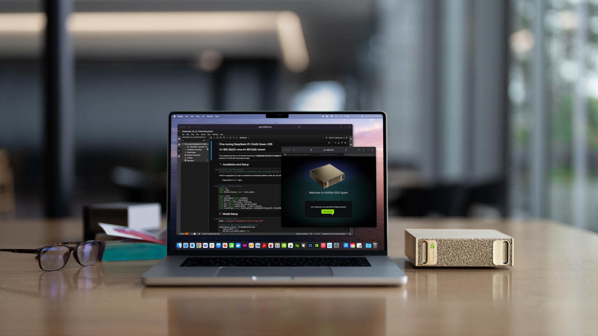NVIDIA DGX Spark shown beside a laptop on a desk, representing local AI hardware for chatbot and coding workflows.